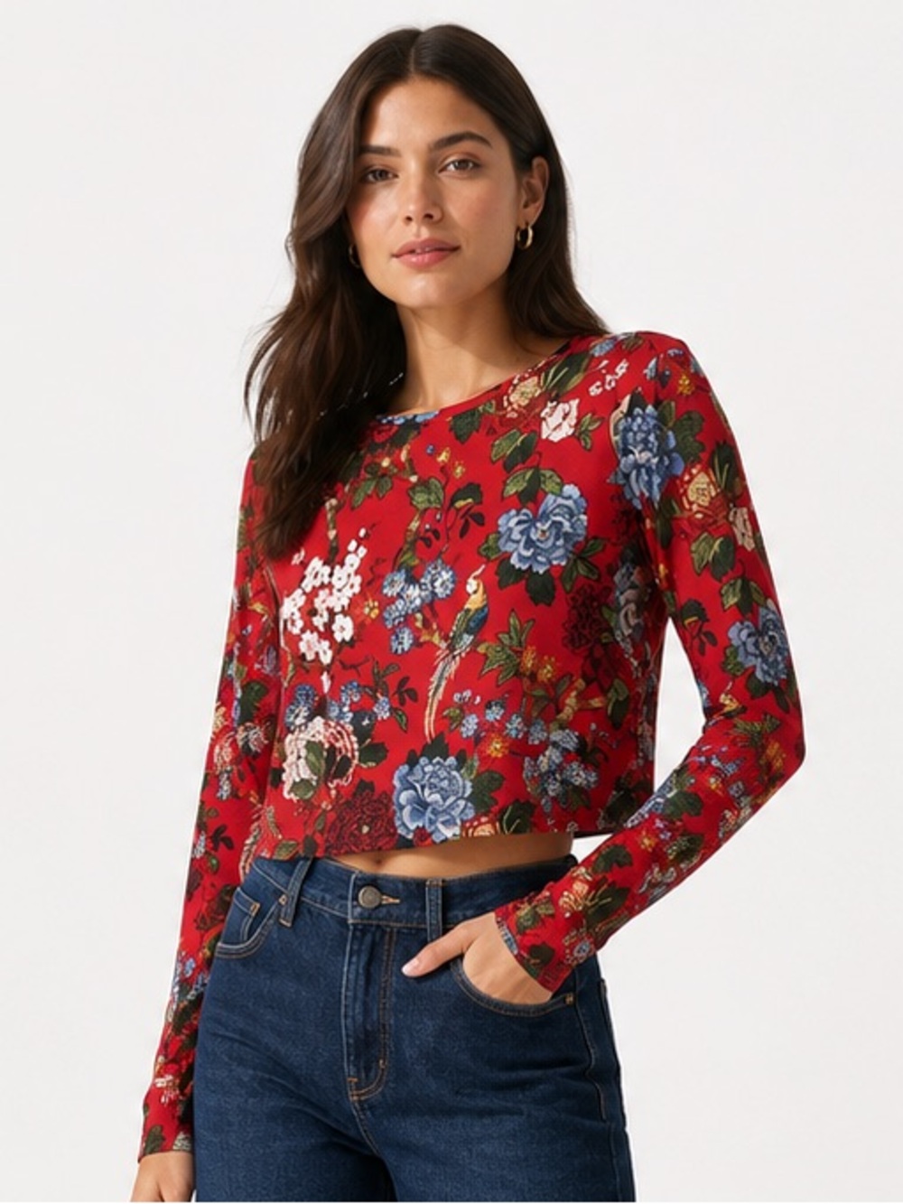 Alice + Olivia Marybeth Chinoiserie Garden Top Long Sleeve Crop Small Red Floral